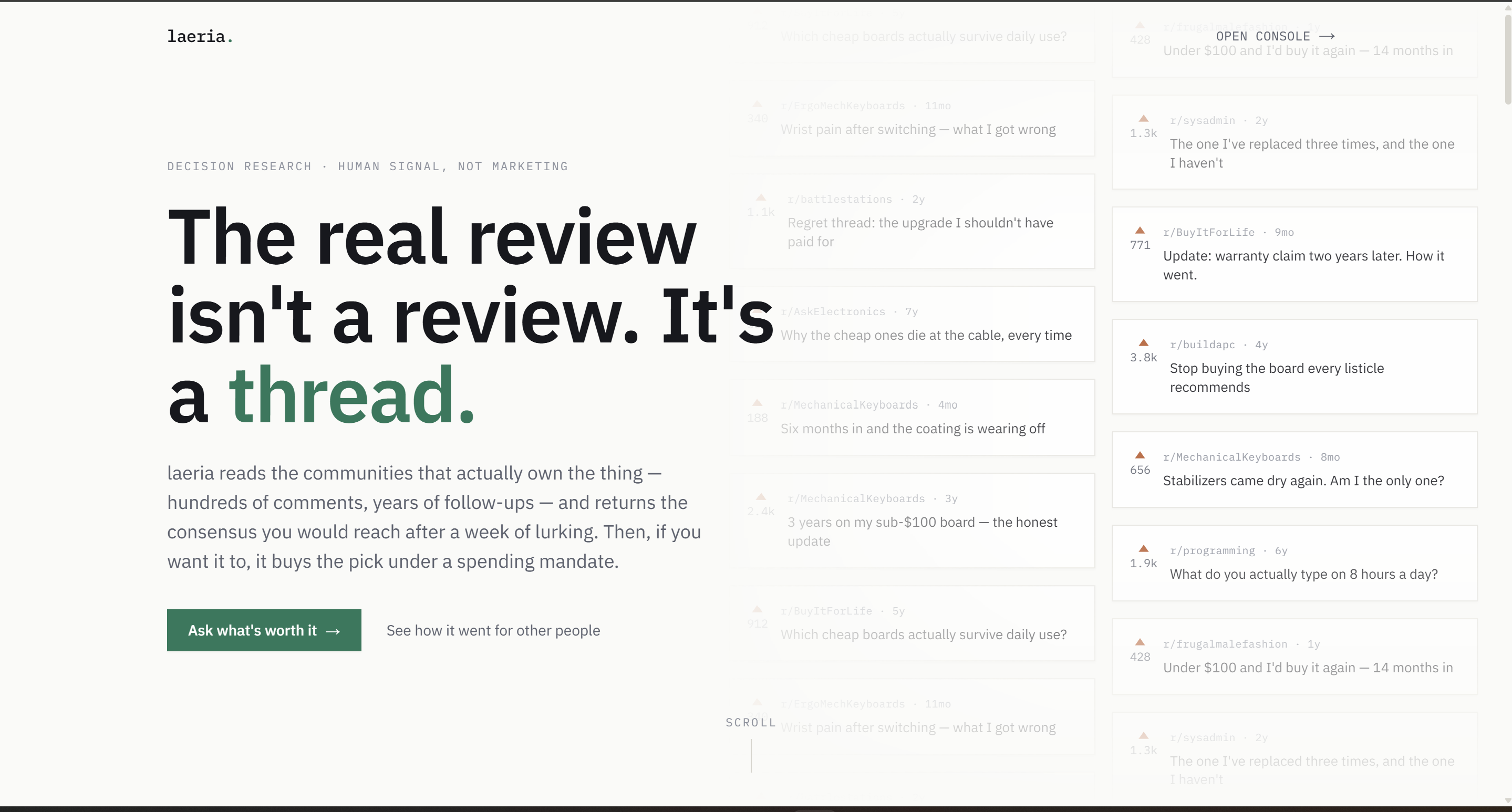 laeria product interface showing community research threads